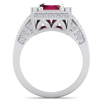 2 3/4 Carat Ruby and Halo Diamond Ring In 14 Karat White Gold