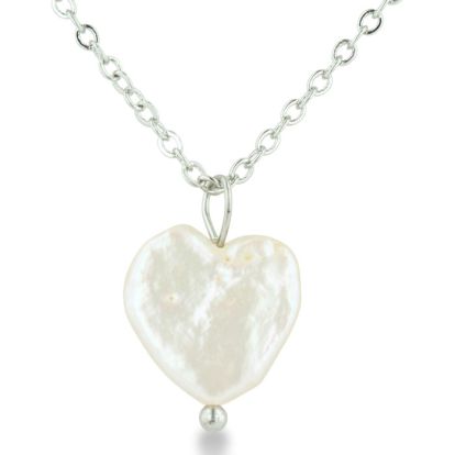 Heart Shaped Natural Freshwater Pearl On 18 Inch Silver Plated Necklace