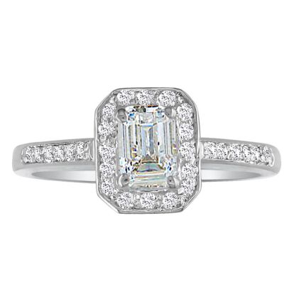 1 1/3 Carat Emerald Diamond Halo Engagement Ring in 14k White Gold