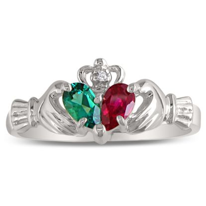 Emerald and Ruby Claddagh Ring in Sterling Silver