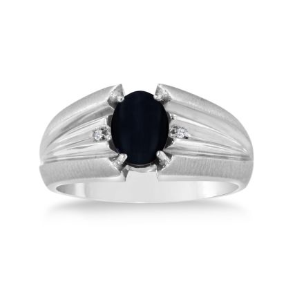 Oval Black Onyx and Diamond Men's Ring Crafted In Solid 14K White Gold
