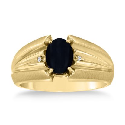 Oval Black Onyx and Diamond Men's Ring Crafted In Solid 14K Yellow Gold