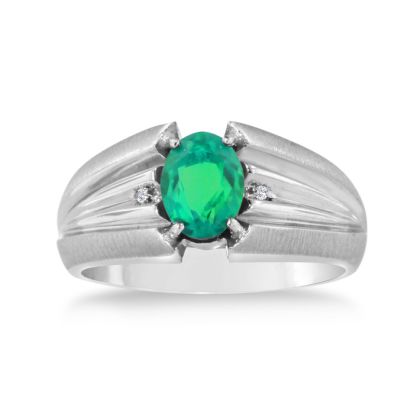 1 1/2ct Oval Created Emerald and Diamond Men's Ring Crafted In Solid 14K White Gold