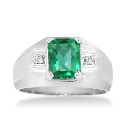 2 1/4ct Created Emerald and Diamond Men's Ring Crafted In Solid 14K White Gold
