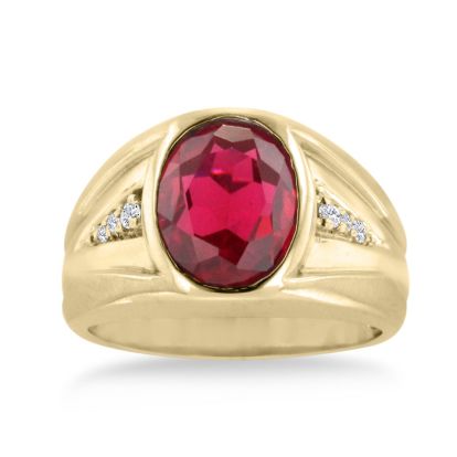 4 1/2ct Oval Created Ruby and Diamond Men's Ring Crafted In Solid 14K Yellow Gold
