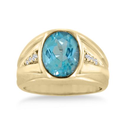 4 1/2ct Oval Blue Topaz and Diamond Men's Ring Crafted In Solid Yellow Gold
