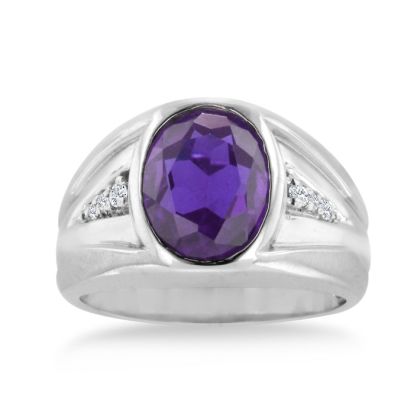 4 1/2ct Oval Amethyst and Diamond Men's Ring Crafted In Solid 14K White Gold
