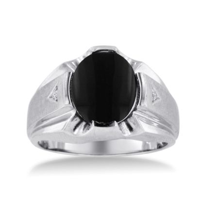 Oval Black Onyx and Diamond Men's Ring Crafted In Solid 14K White Gold
