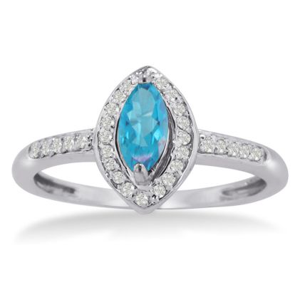 3/4ct Marquise Blue Topaz and Diamond Ring Crafted In Solid 14K White Gold