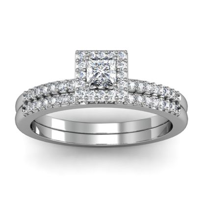 1/2 Carat Princess Cut Pave Halo Diamond Bridal Set in 14k White Gold
