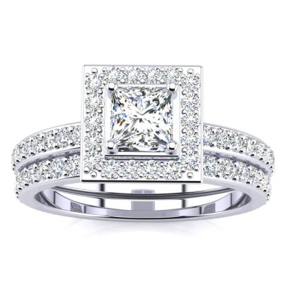 1 Carat Princess Cut Pave Halo Diamond Bridal Set in 14k White Gold
