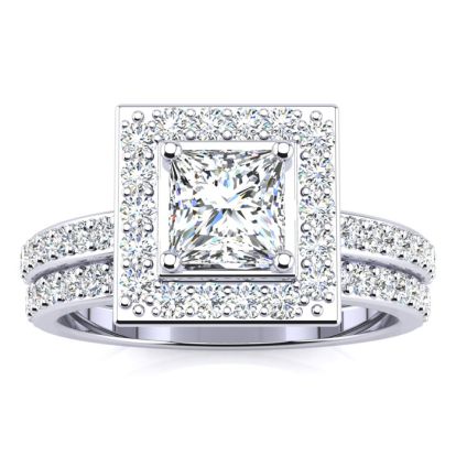 1 1/2 Carat Princess Cut Floating Pave Halo Diamond Bridal Set in 14k White Gold
