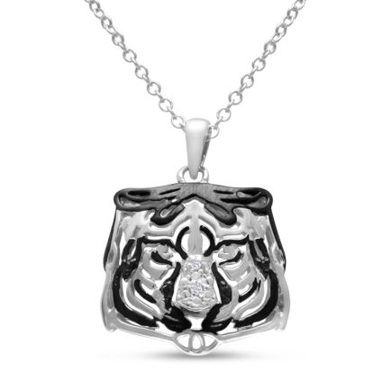 Black and White Diamond Tiger Necklace Crafted In Solid Sterling Silver, 18 Inches