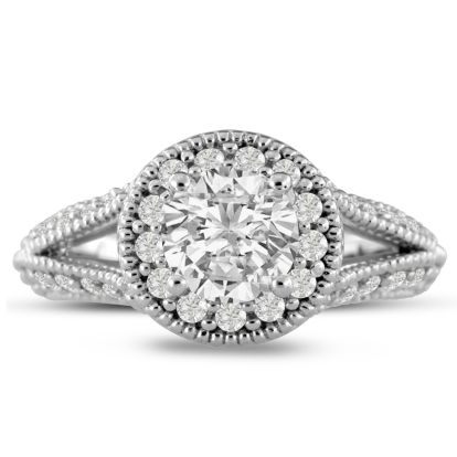 1 3/4 Carat Split Shank Halo Diamond Engagement Ring in 14 Karat White Gold