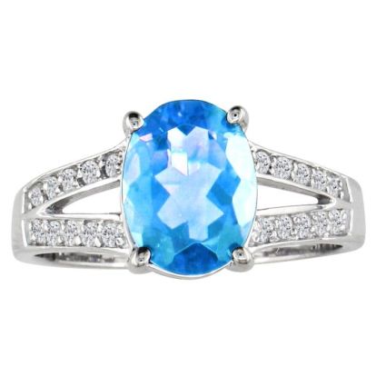 Split Band 1 1/2ct Blue Topaz and .15ct Diamond Ring, 14k White Gold