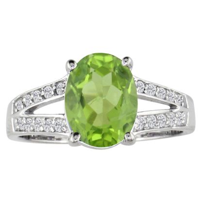 Peridot Jewelry: Split Band 1 1/2ct Oval Shape Peridot and .15ct Diamond Ring in 14k White Gold