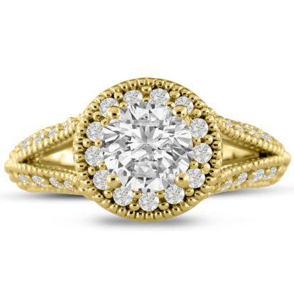 1 3/4 Carat Split Shank Halo Diamond Engagement Ring in 14 Karat Yellow Gold
