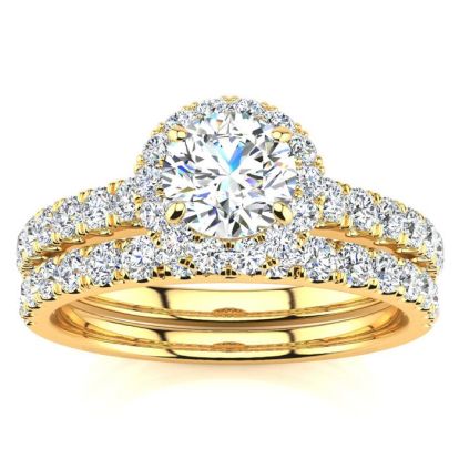 1 Carat Floating Pave Halo Diamond Bridal Set in 14k Yellow Gold