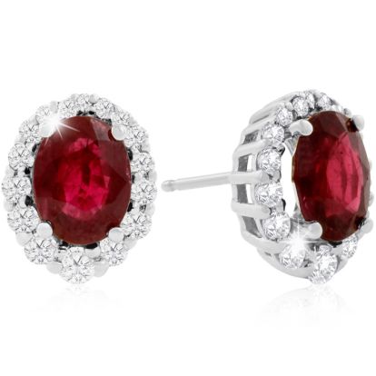 3.20 Carat Fine Quality Ruby And Diamond Earrings In 14K White Gold