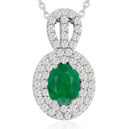 3-1/2 Carat Oval Shape Emerald Necklaces With Diamonds In 14 Karat White Gold, 18 Inch Chain