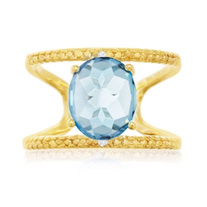 3.40 Carat Blue Topaz and Diamond Open Shank Ring In 14 Karat Yellow Gold Over Sterling Silver