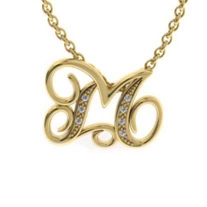 Letter M Diamond Initial Necklace In Yellow Gold With 6 Diamonds