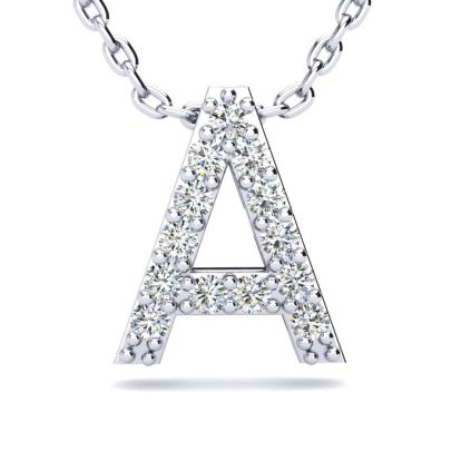Letter A Diamond Initial Necklace In 14K White Gold With 13 Diamonds