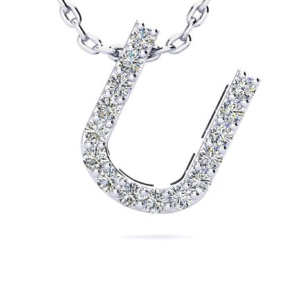 Letter U Diamond Initial Necklace In 14K White Gold With 13 Diamonds