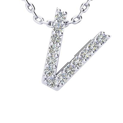 Letter V Diamond Initial Necklace In 14K White Gold With 13 Diamonds