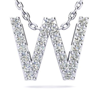 Letter W Diamond Initial Necklace In 14K White Gold With 13 Diamonds