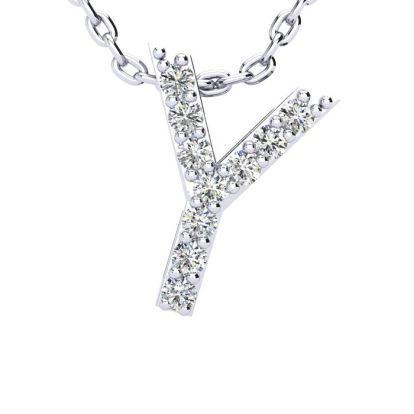 Letter Y Diamond Initial Necklace In 14K White Gold With 13 Diamonds