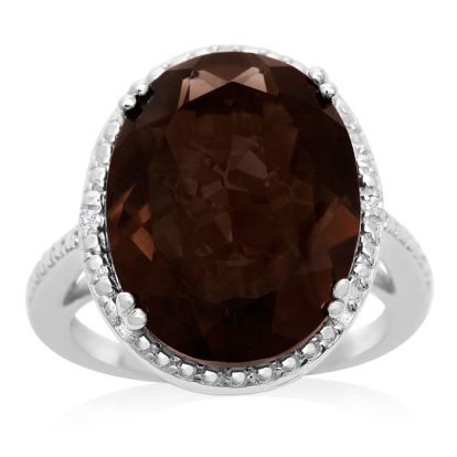 8 Carat Oval Shape Smoky Quartz and Diamond Ring In Sterling Silver