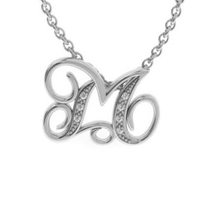 Letter M Diamond Initial Necklace In White Gold With 6 Diamonds