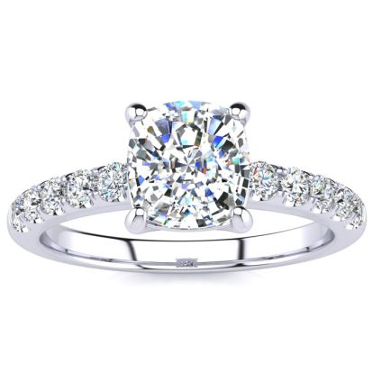 1 3/4 Carat Traditional Diamond Engagement Ring with 1 1/2 Carat Center Cushion Cut Solitaire In White Gold 