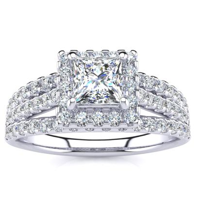 1 Carat Elegant Princess Cut Halo Diamond Engagement Ring In 14 Karat White Gold