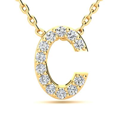 Letter C Diamond Initial Necklace In 14K Yellow Gold With 13 Diamonds