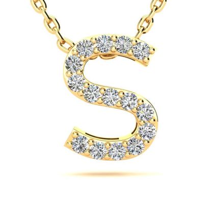 Letter S Diamond Initial Necklace In 14K Yellow Gold With 13 Diamonds