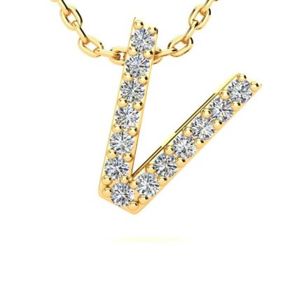 Letter V Diamond Initial Necklace In 14K Yellow Gold With 13 Diamonds