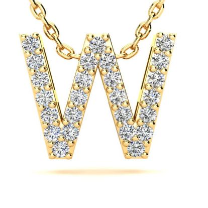 Letter W Diamond Initial Necklace In 14K Yellow Gold With 13 Diamonds