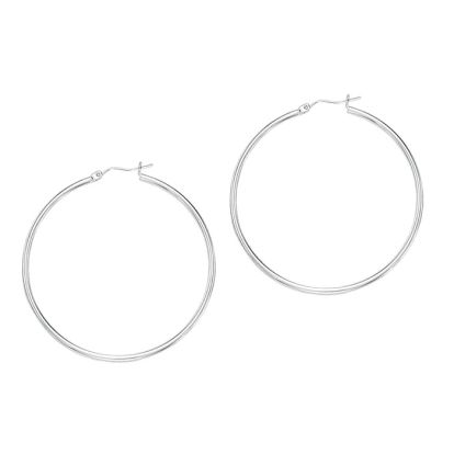 14 Karat White Gold Polish Finished 60mm Hoop Earrings With Hinge With Notched Closure