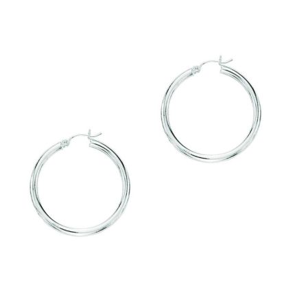 14 Karat White Gold Polish Finished 25mm Hoop Earrings With Hinge With Notched Closure