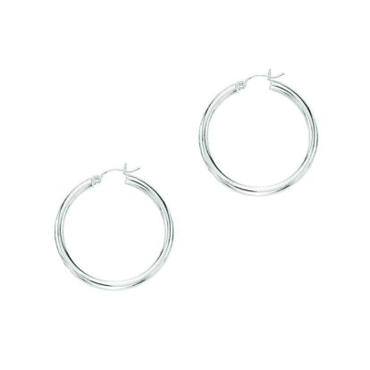14 Karat White Gold Polish Finished 30mm Hoop Earrings With Hinge With Notched Closure