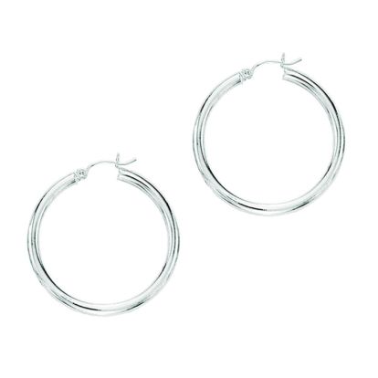 14 Karat White Gold Polish Finished 50mm Hoop Earrings With Hinge With Notched Closure