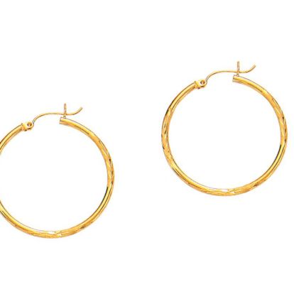 14 Karat Yellow Gold Polish Finished 30mm Diamond Cut Hoop Earrings With Hinge With Notched Closure