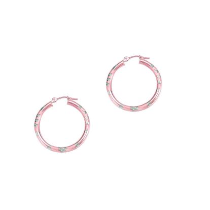 14 Karat Rose and White Gold Polish Finished 25mm Diamond Cut Hoop Earrings With Hinge With Notched Closure