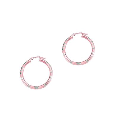 14 Karat Rose and White Gold Polish Finished 25mm Diamond Cut Hoop Earrings With Hinge With Notched Closure