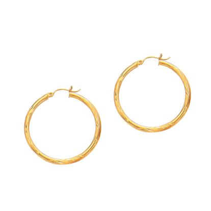 14 Karat Yellow Gold Polish Finished 35mm Diamond Cut Hoop Earrings With Hinge With Notched Closure