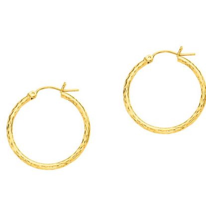14 Karat Yellow Gold Polish Finished 25mm Etched Hoop Earrings With Hinge With Notched Closure