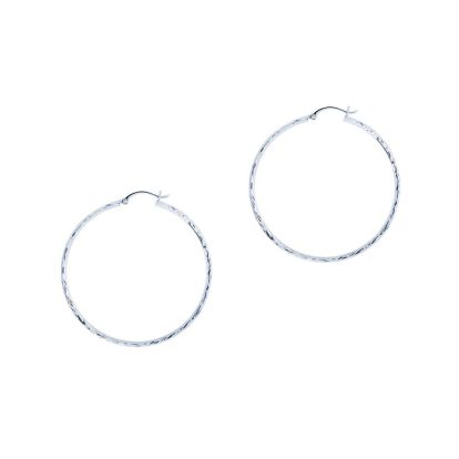 14 Karat White Gold Polish Finished 30mm Etched Hoop Earrings With Hinge With Notched Closure