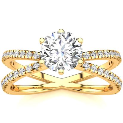 Modern X Band 1.25 Carat Solitaire Engagement Ring With 48 Side Diamonds in 14K Yellow Gold
